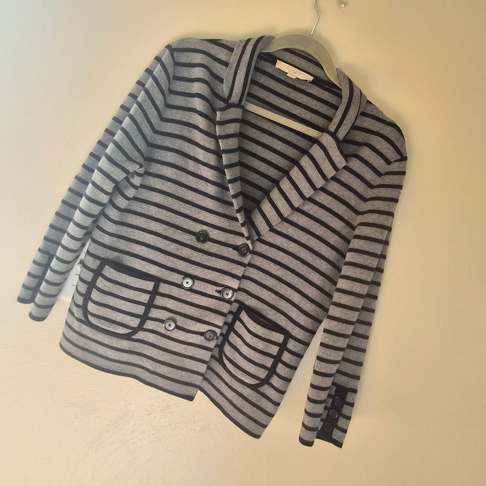 LOFT Womens Striped Double Breasted Cardigan Sweater Grey Blue L French Girl